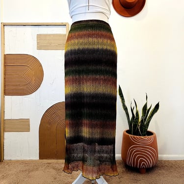 90s Vintage Cool Zone Lace Overlay Rainbow Striped Elastic Waist Maxi Skirt 