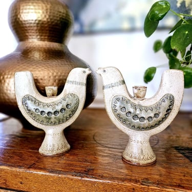 MCM Scandinavian Bird Stoneware Candle Holder Set 