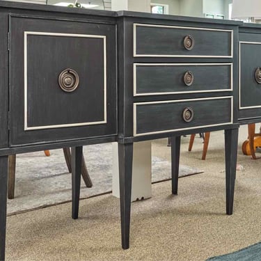 Black Vintage Breakfront Server with Grey Trim and Brass Ring Pulls