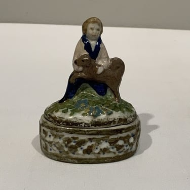 Antique Victorian Porcelain Fairing Trinket Box of Young Boy with His Dog, animal lover gifts, french cottage decor, pill box, dog lovers 