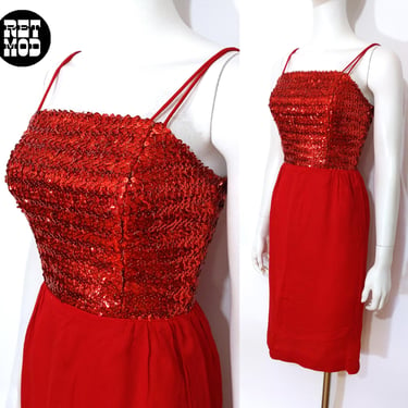 Vampy Vintage 60s Red Sequin Wiggle Cocktail Party Dress 