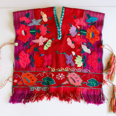 Vintage Zinacantan Handwoven Embroidered Cotton Huipil Poncho Tunic - Chiapas Mexico Textile Art 