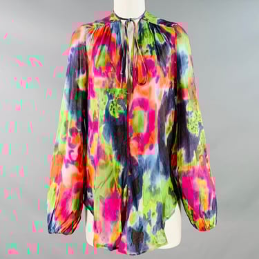 PLEIN SUD Size 6 Multi Color Silk Tie Dye V-Neck Peasant Blouse Casual Top