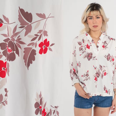 70s Floral Shirt Ruffle Neckline Shirt White Rose Taupe Flower Blouse 70s Boho Top Bohemian Red Long Sleeve 1970s Vintage Hippie 40 Large 