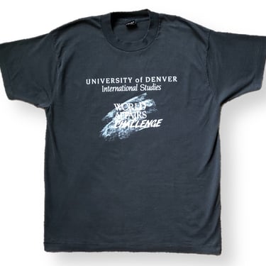 Vintage 90s University of Denver International Studies “World Affairs Challenge” Faded Black Graphic T-Shirt Size XL 