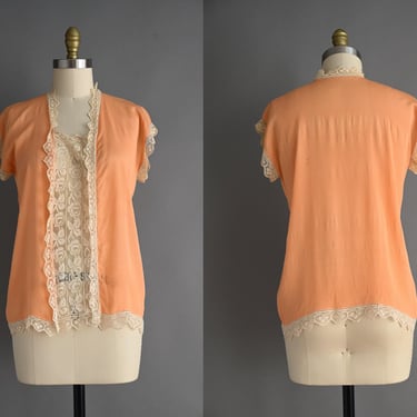 vintage 1920s blouse | Apricot Fluttery Silk Filet Lace Antique Blouse | Small Medium 