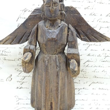 Vintage Small Hand Carved Wood Angel, Antique Wooden Mexican Santos Religious Folk Art 