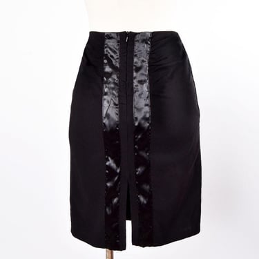 Frederick's Of Hollywood Tight Pencil Bodycon Skirt, Black Back Satin Stretchy Wiggle Lycra Short Skirt Dress Vintage 1970's, 1980's 