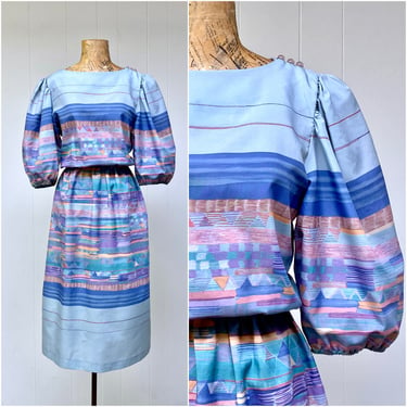 Vintage 1980s Blue Geometric Print Dress with Puffed Balloon Sleeves, Southwestern Inspired, 36
