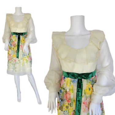1960's Ivory Floral Chiffon Pastel Baby Doll Dress I Sz Med I Neiman Marcus 