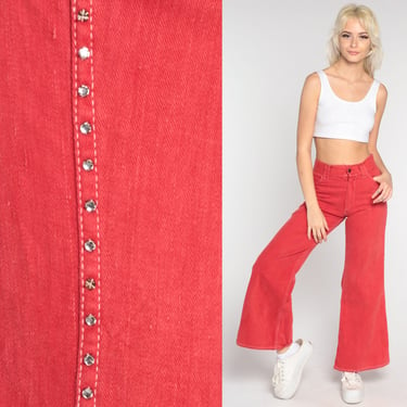 70s Red Bell Bottoms Rhinestone Pants Retro Flared Trousers Studded Boho Hippie High Rise Waist Seventies Vintage 1970s Extra Small xs 
