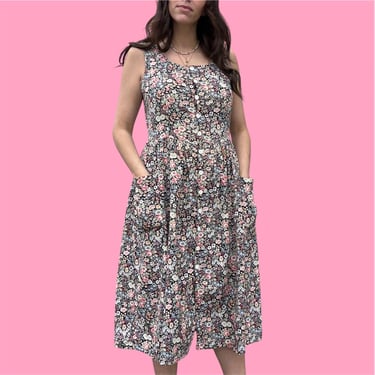 Vintage Dress Retro 1980s No Size + Floral + Buttonfront + Sleeveless + Big Pockets + Cotton + Midi Length + Summer Dress + Womens Apparel 