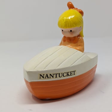 Vintage 70s Joan Walsh Anglund Nantucket Little Blonde Girl Row Boat Coin Piggy Bank 