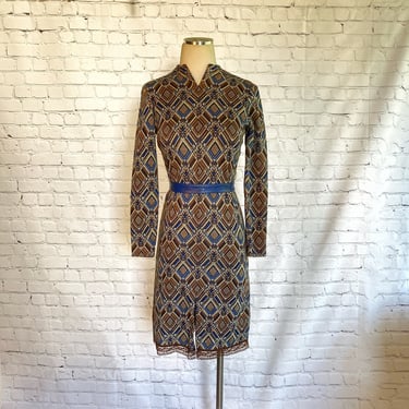 1960s Knit Dress • Vintage Ann Taylor Sportswear • Geometric • Long Sleeve • Fitted / Wiggle • Winter | Fall • Brown Blue Black • XS SMALL 
