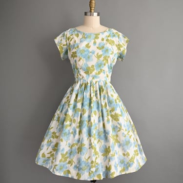 Vintage 1960s Dress | Blue Floral Print Full Skirt Summer Day Dress | Large XL 