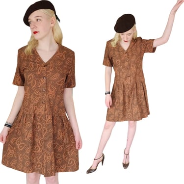 Vintage 60s Day Dress Drop Waist Brown Paisley Print 