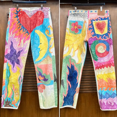 Vintage 1980’s w35 Levi’s 501 Made in USA Custom Denim Artwork New Wave Hippie Hip Hop Jeans, 80’s Pants, Vintage Clothing 