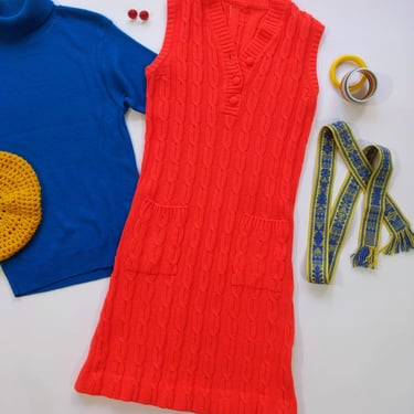 TOO BRIGHT Vintage 60s 70s Neon Red/Orange Cable Knit Sweater Jumper Dress with Pockets 