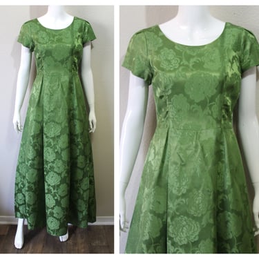 Vintage 50's 60's Peridot Green Satin Damask Brocade Maxi Empire Fitted Dress Hollywood Audrey Hepburn / Holiday 