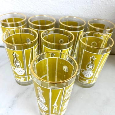 Vintage Mid Century Glassware/ Set of 8/ Yellow & Gold Americana Design 