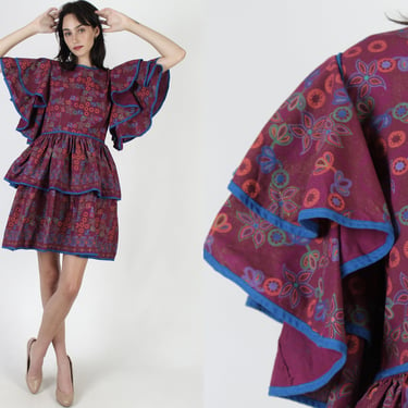 Avant Garde OOAK Dress, 80s Ethnic Floral Dress, Layered Bell Sleeves, Tiered Full Skirt Cotton Festival Mini Dress 