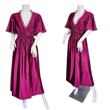 Val Mode 1970's Burgundy Nylo9n Satin Dressing Gown I Robe I Flutter Sleeves I Sz Med 