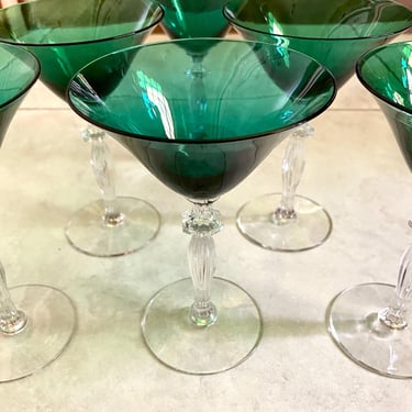 Rare~ Set of 6  1930s Morgantown Monroe Pattern Antique Irish Crystal stemware, Emerald Green Cocktail Glasses, pedestal Champagne coupes 