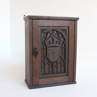 Antique Wooden, Carved Neo-Gothic Small Wall Cabinet France 19th Century Medicine Cabinet Gothic Revival 