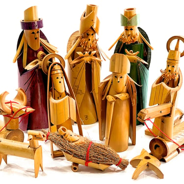 VINTAGE: 11pc - Old Carved Natural Cane Nativity Set - Nativity Figurines - Holiday - Christmas - SKU 00034908 