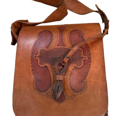 60s Hand Tooled Brown Leather Hippie Handbag with Whip-Stitching