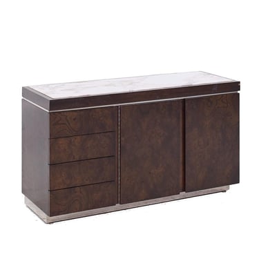 Milo Baughman Style Helikon Mid Century Burlwood and Marble Top Credenza - mcm 