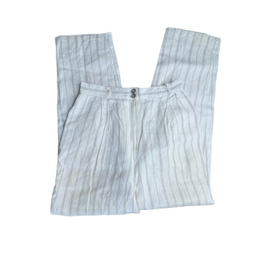 Vintage Harve Benard Benard Holtzman White Tan Striped Pleated Linen Pants, Size 10 