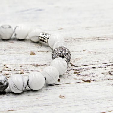 White Howlite Beaded Bracelet with Pave, Sparkle Jewelry, Stacking Bracelet, Stretch Bracelet 