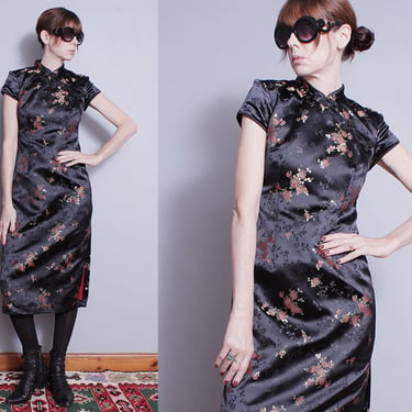 Vintage 1990's | Black | Floral | Asian Inspired | Cheongsam | Mandarin Collar | Dress | S 