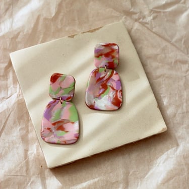 Marbled Statement Earrings / Pink and Green swirl / Polymer Clay 