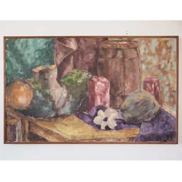 Original Vintage 1966 YOUNG SHIN Still Life PAINTING 23x37" Oil / Canvas Framed Abstract Expressionist Art Mid-Century Modern eames knoll 