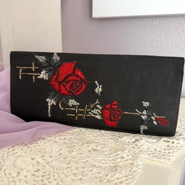 Luxe Beaded Clutch, Long Slim Design, Beaded Roses, Faille Fabric Purse, Pin Up Beauty, Vintage 50s 
