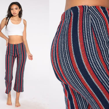 Striped Bell Bottoms 70s Woven Flare Pants Navy Blue Red Boho Bellbottom Trousers Mod Bohemian Hippie Vintage 1970s Extra Small 2xs xxs 