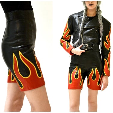 90s Vintage Black Leather Shorts by Michael Hoban North Beach Leather Flame Fire High waisted Leather Shorts XS Small Black Leather Shorts 