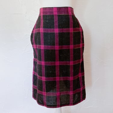 80s Magenta and Black Rainbow Speckled Plaid Skirt | Small/27" Waist 