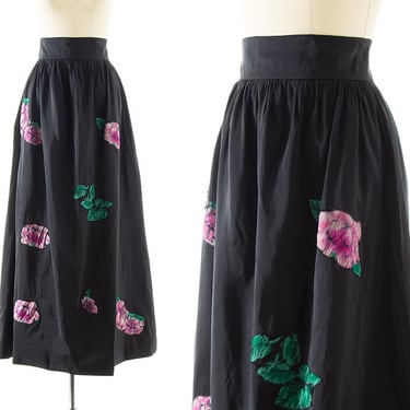 Vintage 1950s Skirt | 50s Floral Appliqué Black Silk High Waisted Maxi A-line Formal Evening Skirt with Pockets (small) 