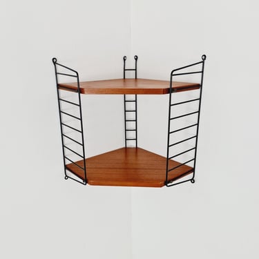 Original MCM Teak Corner shelving system - consists of Black lacquered metal ladders, from string Stockholm 1960s 