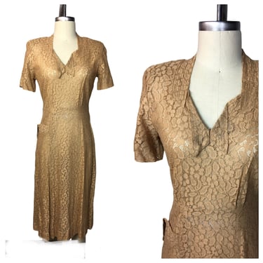 1930s Apricot Floral Lace Day Dress 