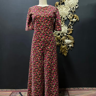1960s jumpsuit, floral cotton velveteen, vintage jumpsuit, wide leg, small medium, hippie, bohemian, festival style, 34 bust 