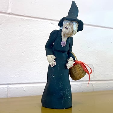 Vintage 1980s Halloween Folk Art Primitive Witch Handmade Figurine Doll 