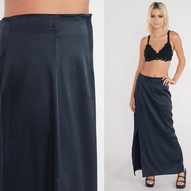 Black Satin Maxi Skirt 90s Long Column Skirt Side Slit High Waisted Hippie Formal Party Evening Cocktail  Vintage 1990s Byer Too Small S 28 