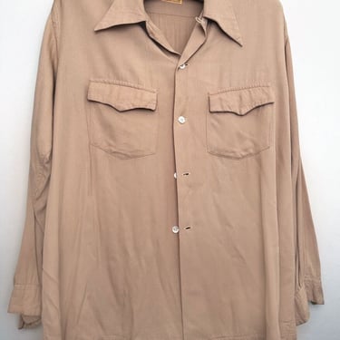 40's Gabardine XL Men's Shirt Beige Tan 1940's Vintage Long Sleeve Brown Wool Button Down Oxford WWII Era Rockabilly 1950's 