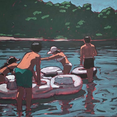 River Floating #5 - Original Acrylic Painting on Canvas, 20 x 20 - tubing, texas, summer, fine art, figurative, michael van, gallery wall 