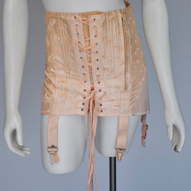 vintage 1930s peach floral half girdle with lacing, straps S/M 