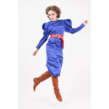 Vintage Hanae Mori silk dress / 1980s Cobalt blue silk damask maxi dress S M 
